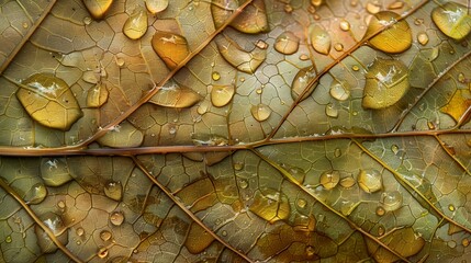 A close-up view of a rain-soaked leaf, with each droplet magnifying the intricate veins and textures of the leaf surface.