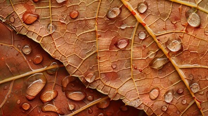 A close-up view of a rain-soaked leaf, with each droplet magnifying the intricate veins and textures of the leaf surface.