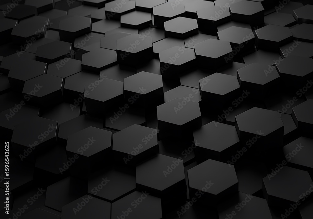 Poster abstract dark background featuring a three-dimensional array of black hexagonal shapes.