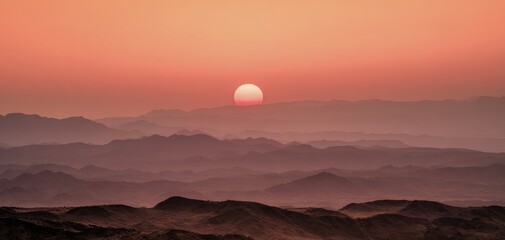 Vibrant sunset over summer desert landscape with red sun illuminating mountains Generative AI