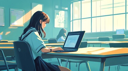 Anime Schoolgirl in Classroom Typing on Laptop During Sunlight, Studying Student Illustration