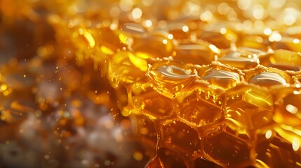 A hyperrealistic close-up of a honeycomb, with golden honey oozing out and intricate hexagonal patterns, captured in perfect clarity.
