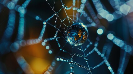 A hyperrealistic close-up of a dewdrop on a spider web, with intricate details of the web and a perfectly round droplet reflecting a miniature world.