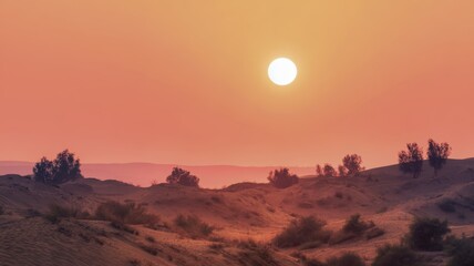 Stunning summer desert landscape at sunset with vibrant red sun Generative AI