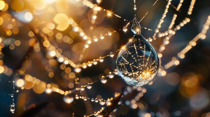A hyperrealistic close-up of a dewdrop on a spider web, with intricate details of the web and a perfectly round droplet reflecting a miniature world.