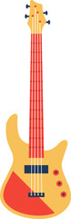 Electric bass guitar with red fingerboard and yellow body standing vertically on white background, musical instrument with strings and tuning pegs