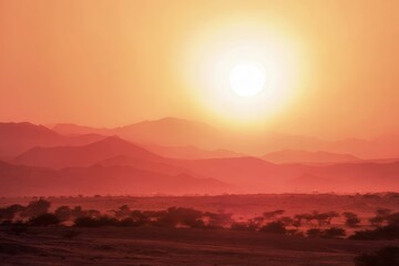 Summer sunset over a vast desert landscape with red hues and distant mountains Generative AI