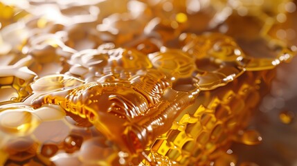 A hyperrealistic close-up of a honeycomb, with golden honey oozing out and intricate hexagonal patterns, captured in perfect clarity.