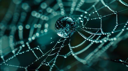 A hyperrealistic close-up of a dewdrop on a spider web, with intricate details of the web and a perfectly round droplet reflecting a miniature world.