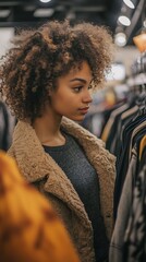 An African American woman examines clothes on a rack while wearing a jacket