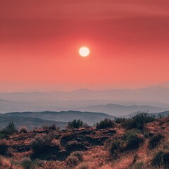 Stunning summer desert landscape with vibrant sunset and red sun Generative AI