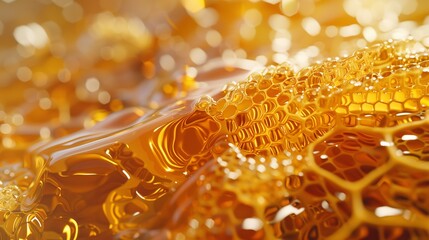 A hyperrealistic close-up of a honeycomb, with golden honey oozing out and intricate hexagonal patterns, captured in perfect clarity.
