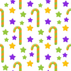 Seamless pattern with chaotic confetti. Vector abstract background. Cute simple shapes of candies, stars, hearts and polka dots in a cheerful palette are perfect for gift wrapping.