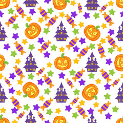 Seamless Halloween background with pumpkins, candies and a spooky castle. Cute flat vector illustration. Seamless background in cartoon style with magical elements and characters.