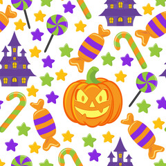 Seamless Halloween background with pumpkins, candies and a spooky castle. Cute flat vector illustration. Seamless background in cartoon style with magical elements and characters.
