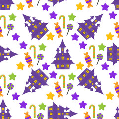 Seamless Halloween background with pumpkins, candies and a spooky castle. Cute flat vector illustration. Seamless background in cartoon style with magical elements and characters.