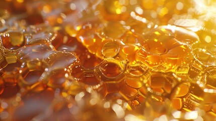 A hyperrealistic close-up of a honeycomb, with golden honey oozing out and intricate hexagonal patterns, captured in perfect clarity.