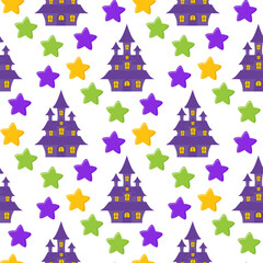 Seamless Halloween background with candies and a spooky castle. Cute flat vector illustration. Seamless background in cartoon style with magical elements and characters.