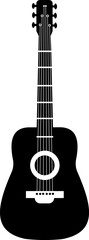 Obraz premium Silhouette of an acoustic guitar with tuning pegs, fretboard, sound hole, bridge, and strings, creating a striking contrast against a white background, ideal for music related designs