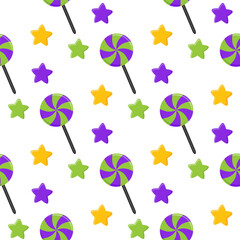 Seamless pattern with chaotic confetti. Vector abstract background. Cute simple shapes of candies, stars, hearts and polka dots in a cheerful palette are perfect for gift wrapping.