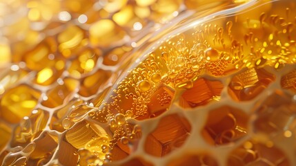 A hyperrealistic close-up of a honeycomb, with golden honey oozing out and intricate hexagonal patterns, captured in perfect clarity.