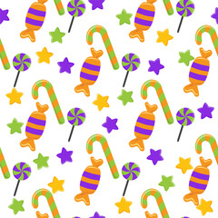 Seamless pattern with chaotic confetti. Vector abstract background. Cute simple shapes of candies, stars, hearts and polka dots in a cheerful palette are perfect for gift wrapping.
