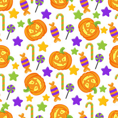 Vector Outline Style Scary Smiling Halloween pumpkins. Backdrop pumpkin repeatable and printable texture Happy Halloween Trick or Treat Wallpaper.