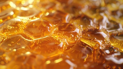 A hyperrealistic close-up of a honeycomb, with golden honey oozing out and intricate hexagonal patterns, captured in perfect clarity.