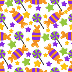 Seamless pattern with chaotic confetti. Vector abstract background. Cute simple shapes of candies, stars, hearts and polka dots in a cheerful palette are perfect for gift wrapping.