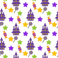 Seamless Halloween background with candies and a spooky castle. Cute flat vector illustration. Seamless background in cartoon style with magical elements and characters.