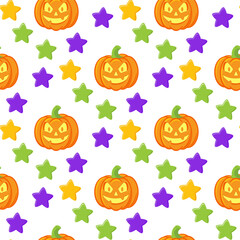 Vector repeating seamless pattern with scary smiling halloween pumpkins on white background, emotional pumpkins, repeatable and printable texture, happy halloween, trick or treat wallpaper