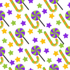 Seamless pattern with chaotic confetti. Vector abstract background. Cute simple shapes of candies, stars, hearts and polka dots in a cheerful palette are perfect for gift wrapping.