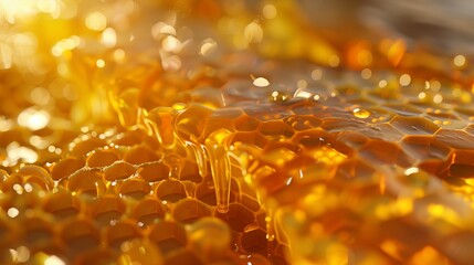A hyperrealistic close-up of a honeycomb, with golden honey oozing out and intricate hexagonal patterns, captured in perfect clarity.
