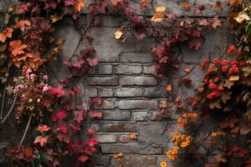 Autumn leaves and flowers climbing a weathered brick wall, creating a vibrant fall scene.