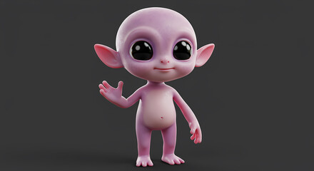 A charming, pink, cartoon-like alien character waving hello with a friendly expression.