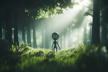 Alien Figure Standing in Lush Forest Meadow with Glowing Eyes and Sun Rays