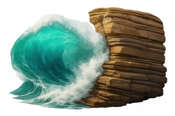 Massive ocean wave breaking against weathered rocky coastline, generating dramatic white spray highlighting powerful marine dynamics on isolated backdrop