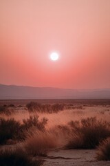 Desert landscape during summer sunset with vibrant red sun Generative AI