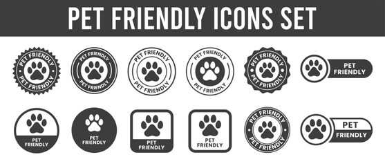 Pet friendly icon set. Pet friendly circle logo, badge, sticker, symbol, emblem, stamp, line, vector, isolated illustration. Suitable for business, animal, pet, and veterinary