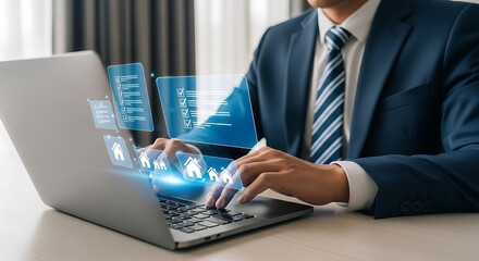 Businessman working on laptop with futuristic technology interface