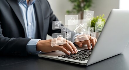 Businessman working on laptop with holographic data interface