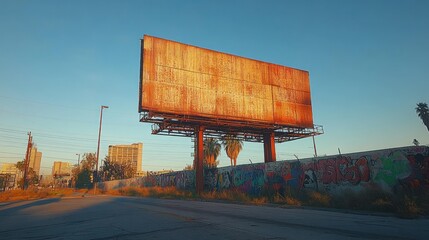 Obraz premium Rusty billboard in urban landscape at sunset