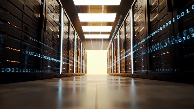 Server Room Featuring Rows Of Computers Data Center and Blue Binary Code Effect With Light Floor Artificial Light In