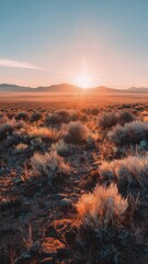 Stunning summer desert landscape with red sun setting over distant mountains Generative AI