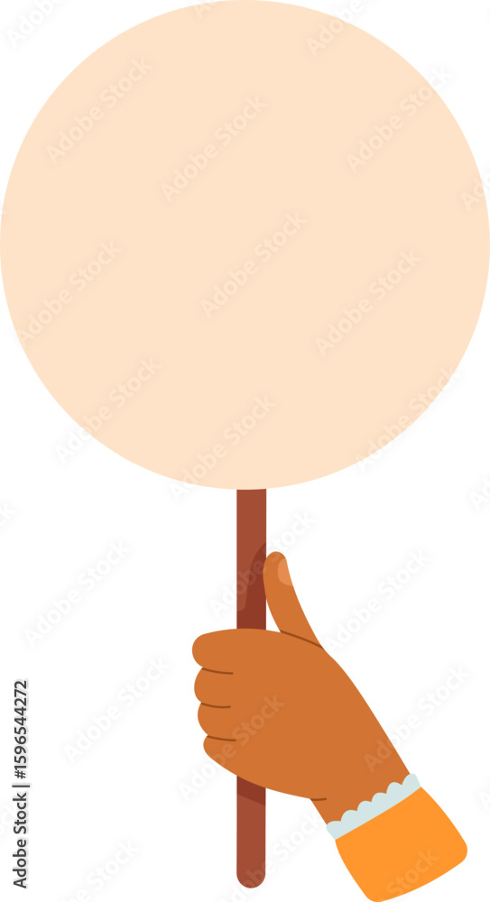 Poster hand holding a blank round sign on a stick, perfect for showcasing custom messages or designs, offer