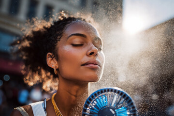 Woman spraying water mist on her face with a portable bottle fan, outdoor city street.