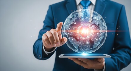 Businessman touching glowing digital sphere on tablet