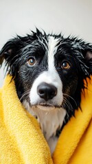 Adorable Wet Border Collie Wrapped in a Yellow Towel After Bath Time