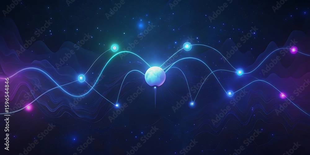 Poster abstract colorful waves with glowing nodes and particles suggesting data transmission.