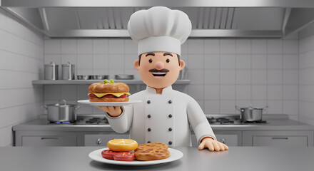 Cartoon chef in a kitchen setting presents a burger on a plate, with other food items visible.
